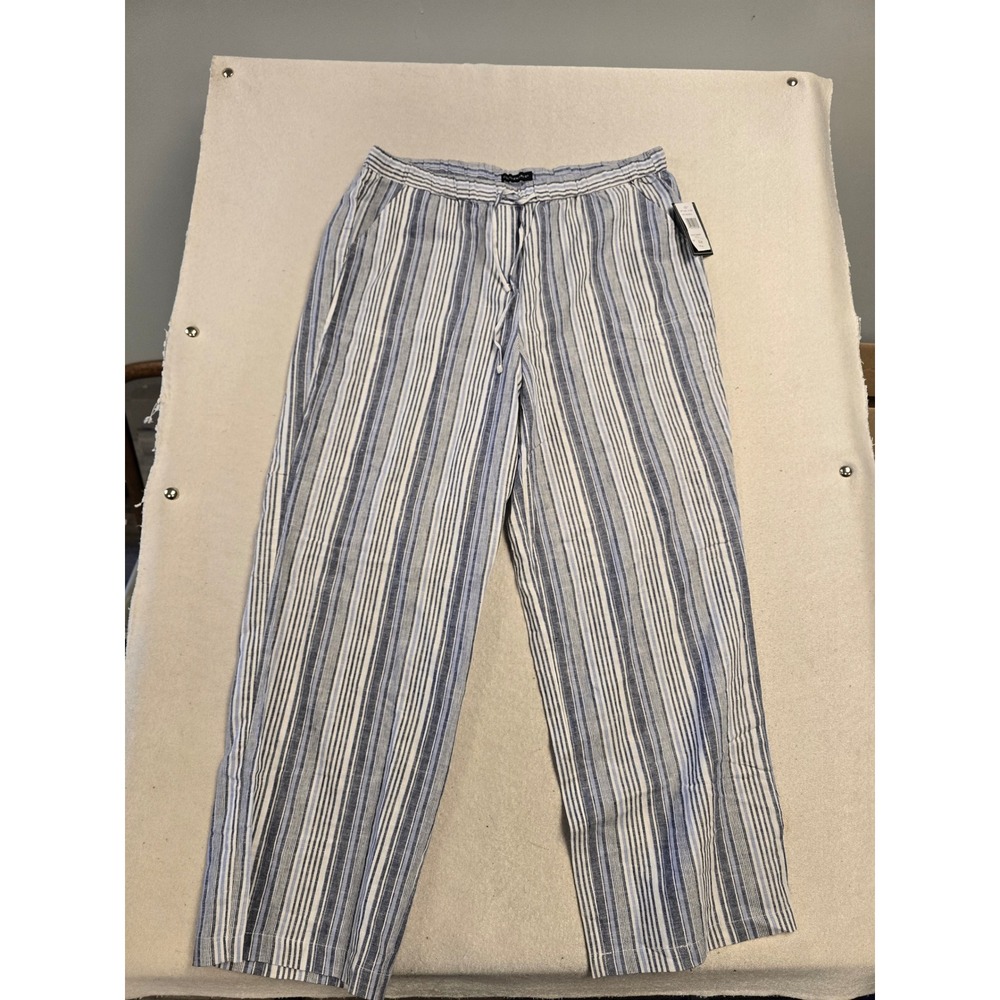 Counterparts Womens XL Blue White Striped Linen Blend Wide Leg Drawstring Pants